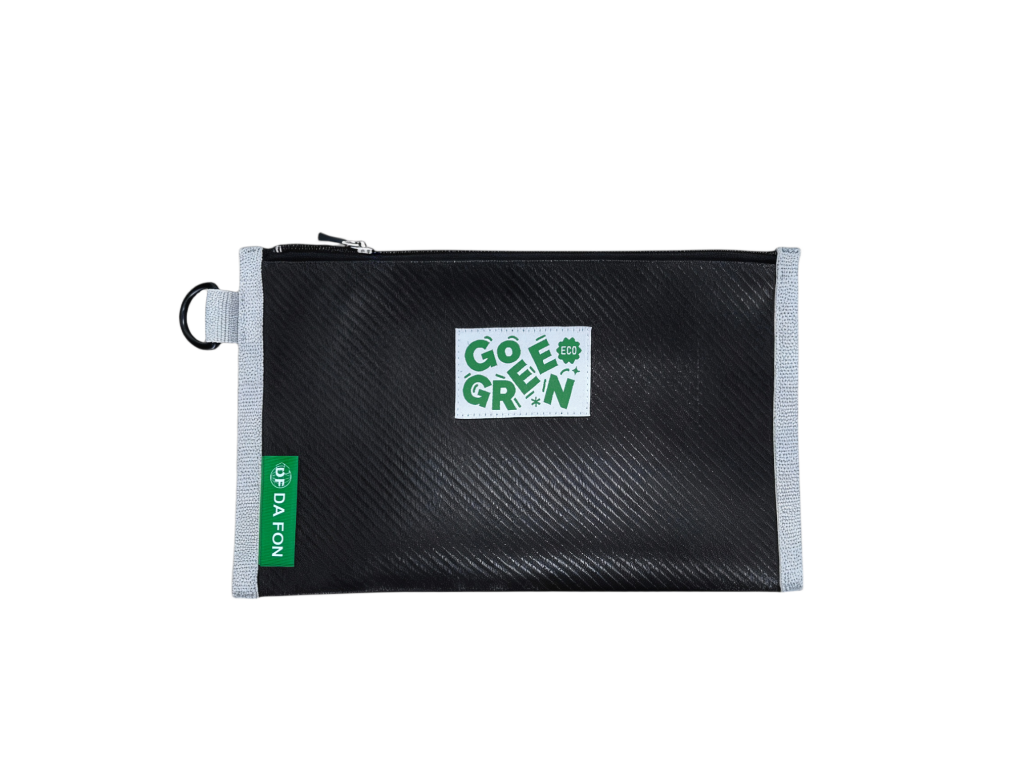 大豐環保再生收納袋，斜紋設計，100% 再生 PP 材質，扁平好收，適合文件與隨身物品收納。｜Eco-friendly storage pouch with twill design, made from 100% recycled PP by Da Fon Environmental.